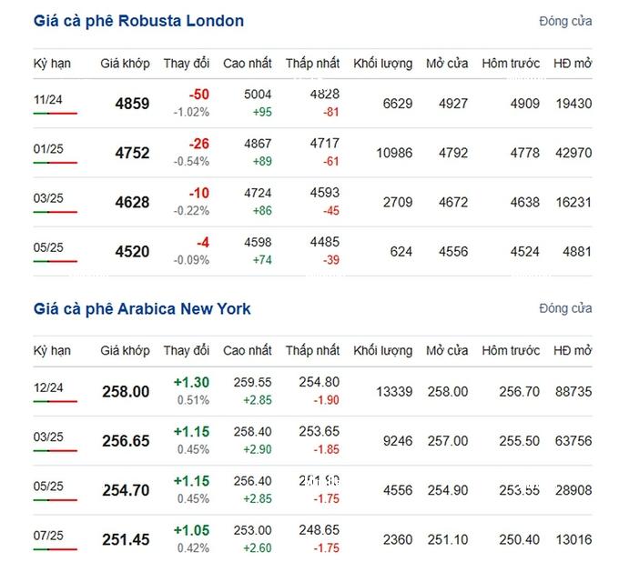Coffee prices on 10/17/2024: Mixed fluctuations